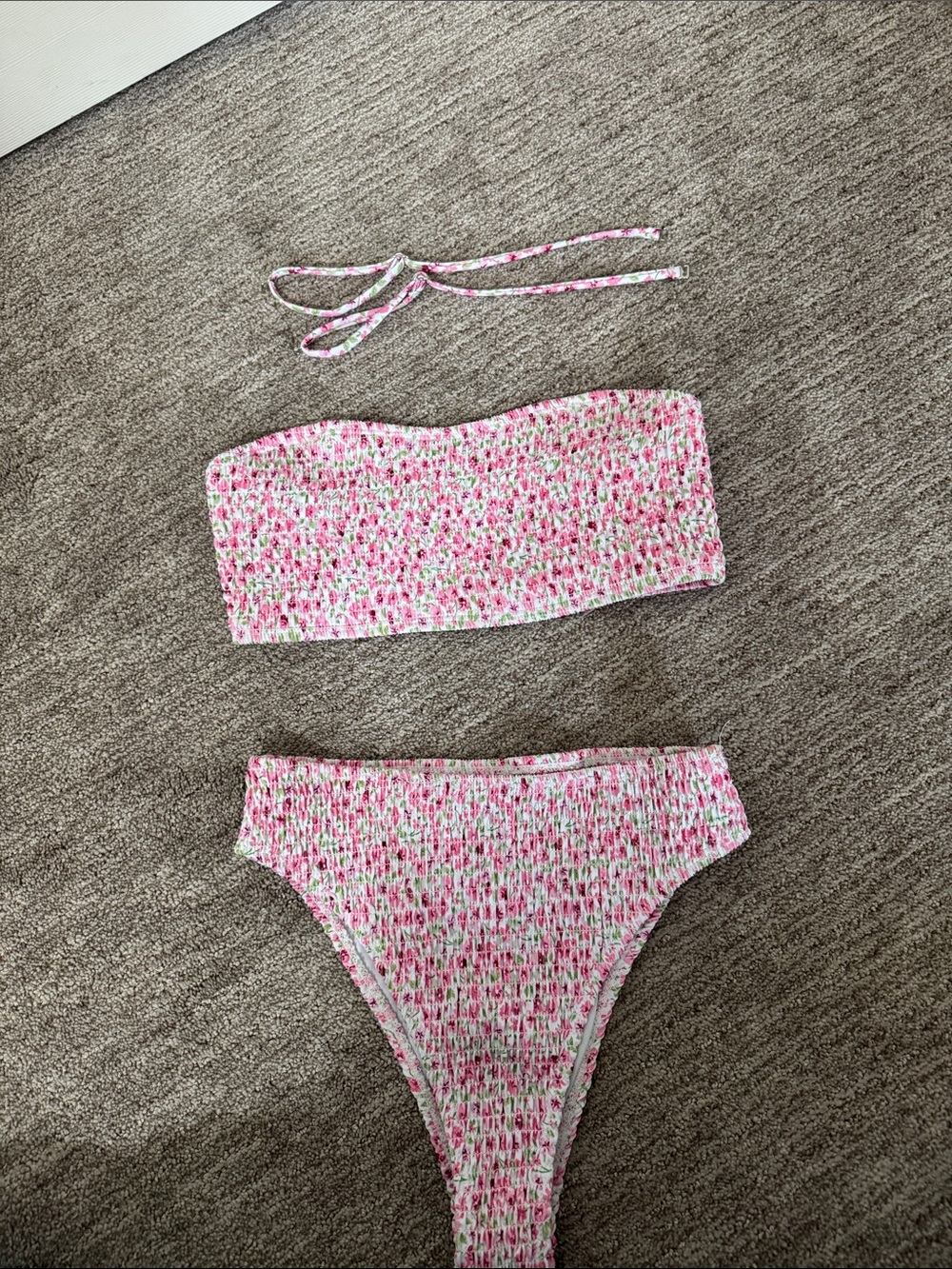 SHEIN Pink Floral Smocked Bandeau Bikini Set